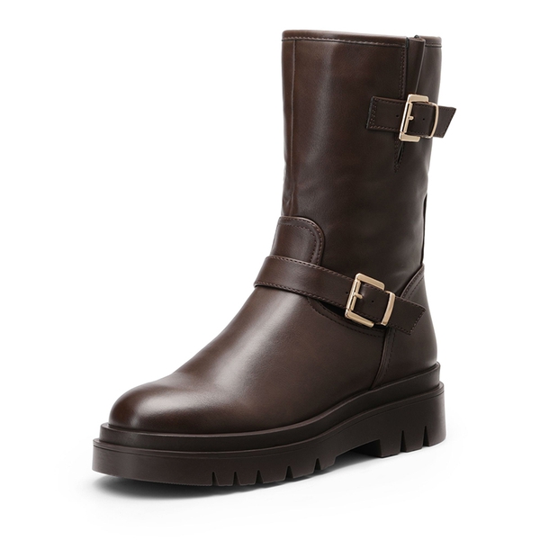 Buckle Chunky Mid-Calf Boots - BROWN PU -  0